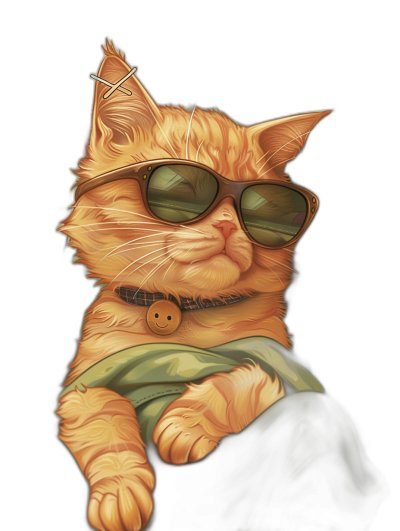 illustration of cool ginger cat wearing sunglasses and green t-shirt, isolated on black background, high detail