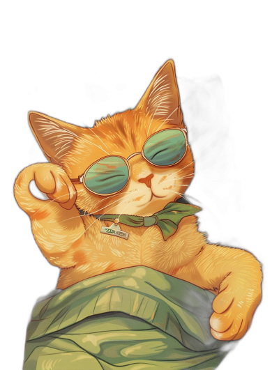 digital art of a cool fat orange cat, wearing sunglasses and a green bandana around its neck, pointing at the viewer with its finger on a black background, in a minimal style with chill vibes.