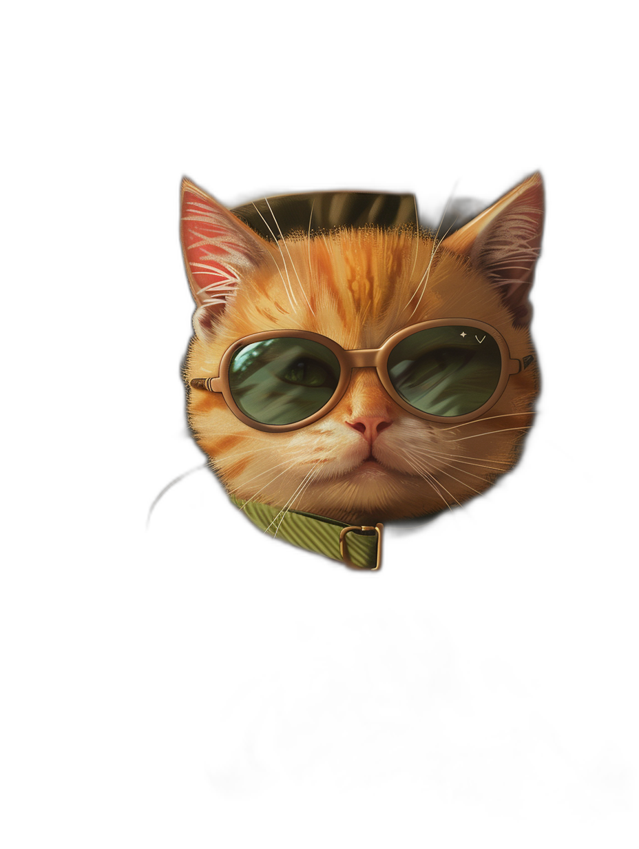 A cute orange cat, wearing sunglasses and fashionable , confident expression, black background, high definition wallpaper, head close-up shot, illustration style. High resolution, enhanced details, best quality,,in