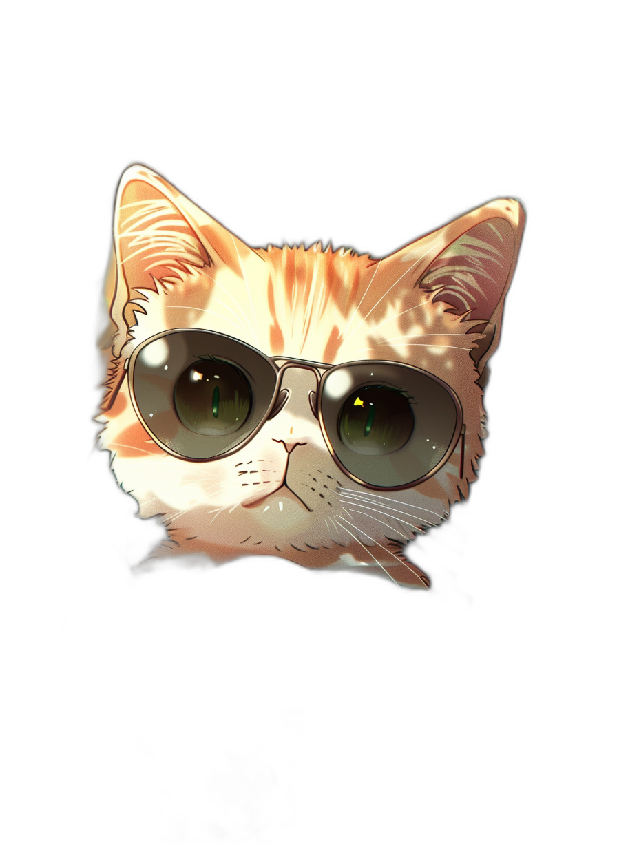 digital art of a cute kitten wearing sunglasses against a black background in the style of minimalism and a simple style, with a chill happy smiling expression, cozy artwork, in a close up shot, a cute drawing in the style of [Loish](https://goo.gl/search?artist%20Loish), with a [Studio Ghibli](https://goo.gl/search?artist%20Studio%20Ghibli) color palette of dark orange, white, gold and silver colors, with highly detailed eyes