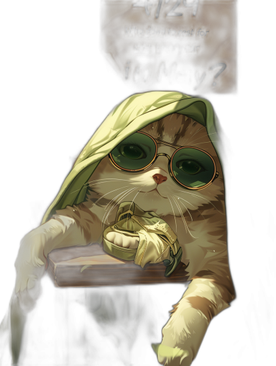 A cute cat wearing glasses and holding an open book with the words "429, who down to rest for one year in my box?" on it, dressed as Yoda from Star Wars, depicted in the style of anime. The background is a dark black, creating a contrast between lightness and darkness. It has a cartoonish feel with soft edges and blurred details. The colors used include white, brown, green, yellow, red, blue, purple, orange, pink, gray, beige, black, silver, gold, and indigo in .