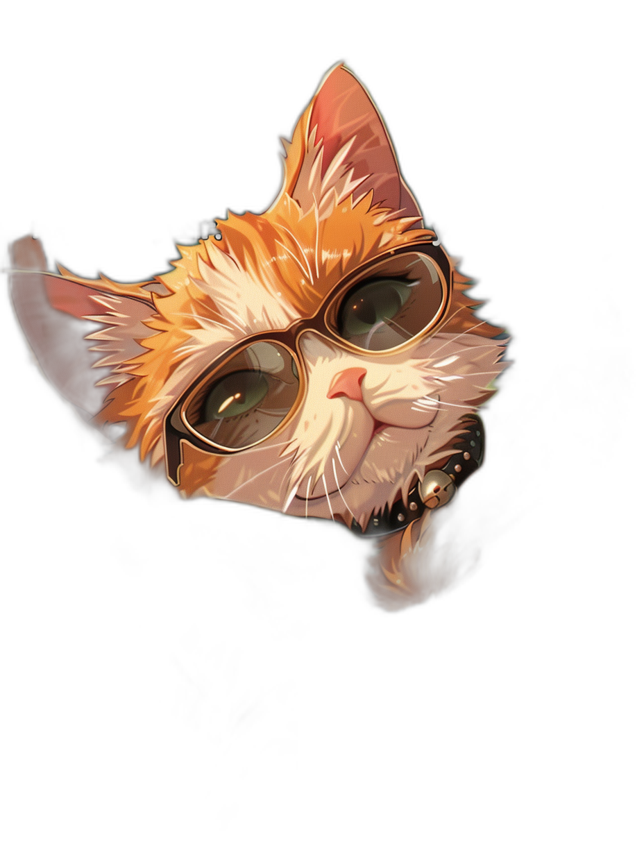 digital art of cute kitten , wear sunglasses, black background , smilecore, dark and light in color , comic style