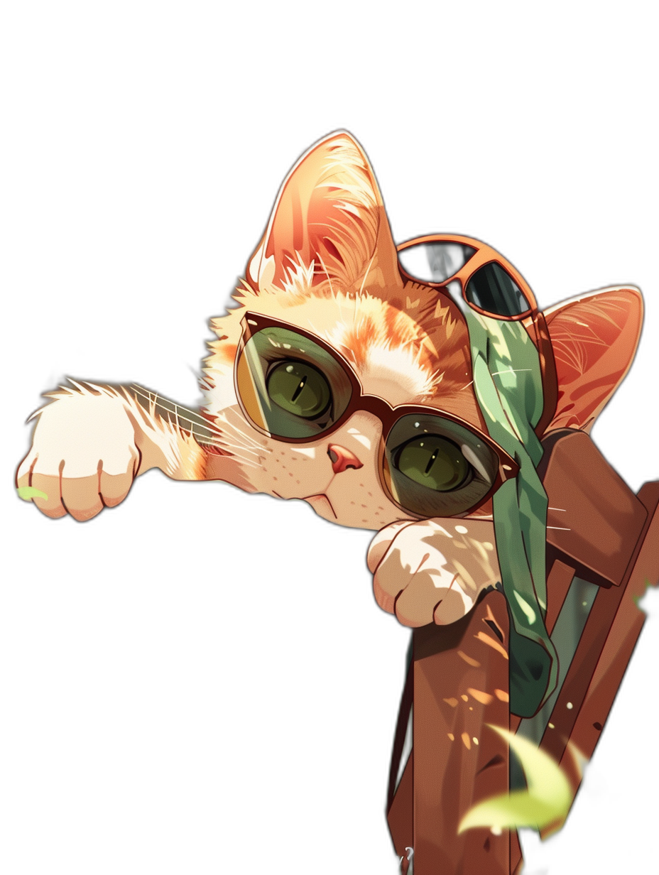 digital art of a cute kitten, wearing sunglasses and a backpack, with a playful character design, rendered in the style of OC, on a black background with a pastel tone, wearing an orange outfit