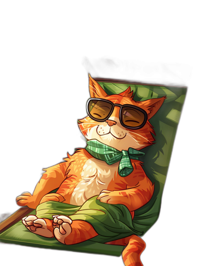 A cartoon illustration of an orange cat wearing sunglasses and a green scarf lounging on a sunbed, against a black background, with hyper detailed, high resolution style in the style of anime.