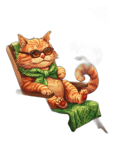 digital art of cool fat orange cat , wearing sunglasses and green scarf, sitting on the chair with blanket , black background , chilling happy and funny