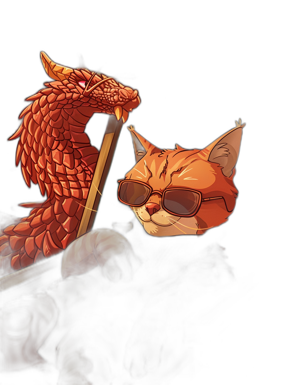 A red dragon with sunglasses is sitting on the front of an oar, and next to it sits an orange cat in glasses in the style of anime. Isolated black background.