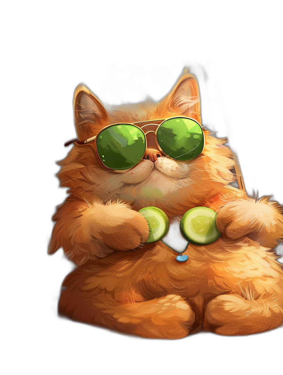 digital art of cute fat orange cat , wearing sunglasses and holding cucumber, black background , chill expression , cool pose