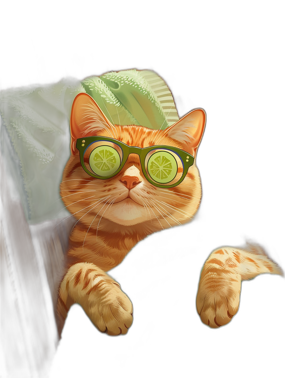 digital art of cute and fat orange cat , wearing green sunglasses with cucumber on its eye, black background, chill mood, in the back you can see a bed and pillow