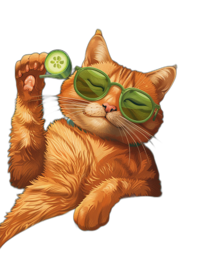 A happy ginger cat wearing green sunglasses and holding a cucumber in its paw, t-shirt design graphic in the style of an ultra detailed illustration isolated on a black background.