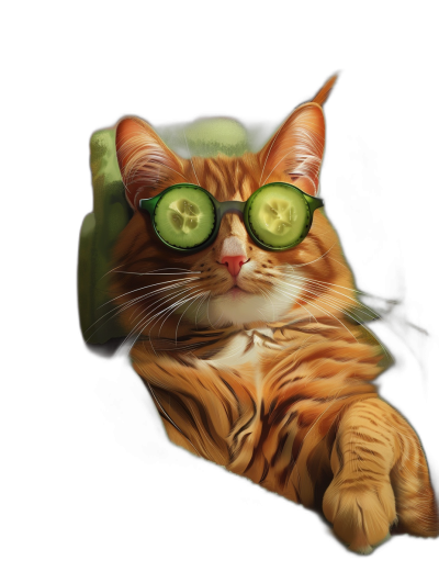 Digital art of a funny orange cat wearing cucumber glasses, sitting on the sofa with a black background, digital painting in the style of soft shadows and low contrast, hyper realistic style.