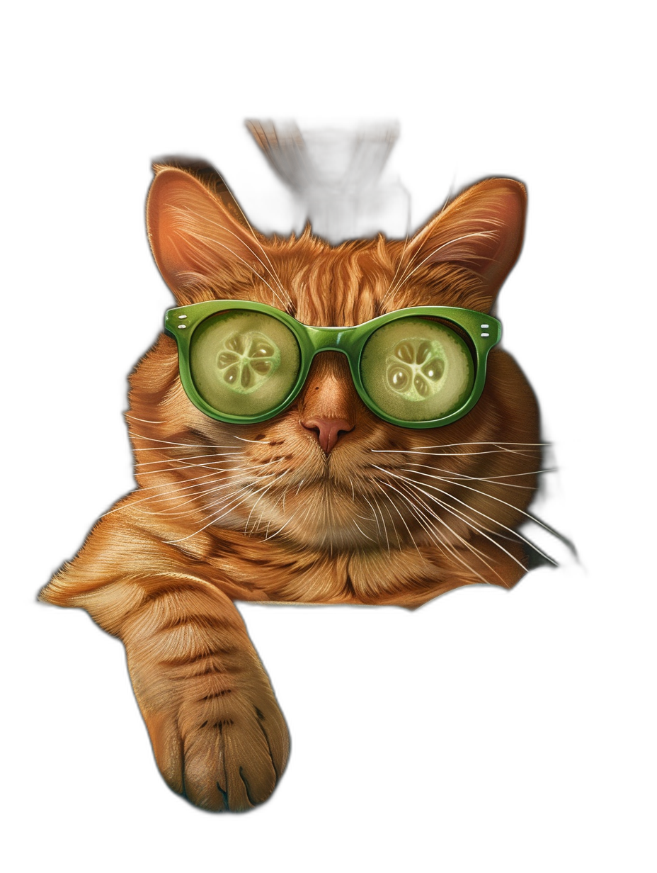 ginger cat with cucumber glasses on black background, in the style of 3d illustration, cute, digital art