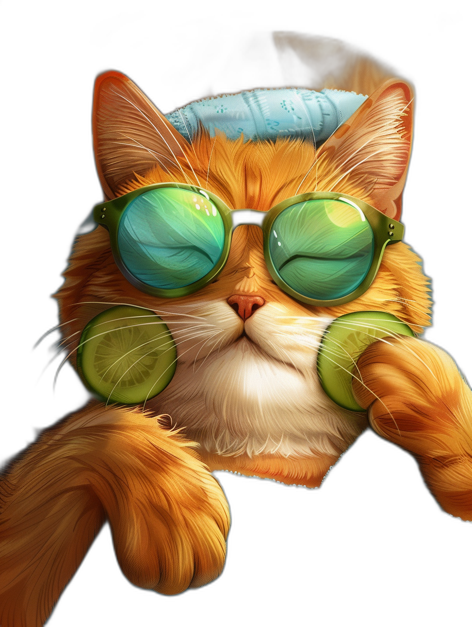 digital art of cute and fat orange cat , the ginger cats have green sunglasses with cucumber on its mouth, wearing blue night cap , black background , chill vibes