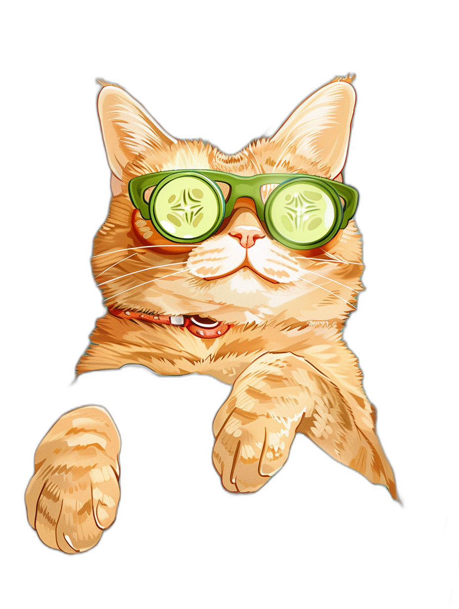 t-shirt design, Cool Orange Cat with cucumber glasses showing his paws up, black background, vector art style, no shadows, mockup in the style of no artist.