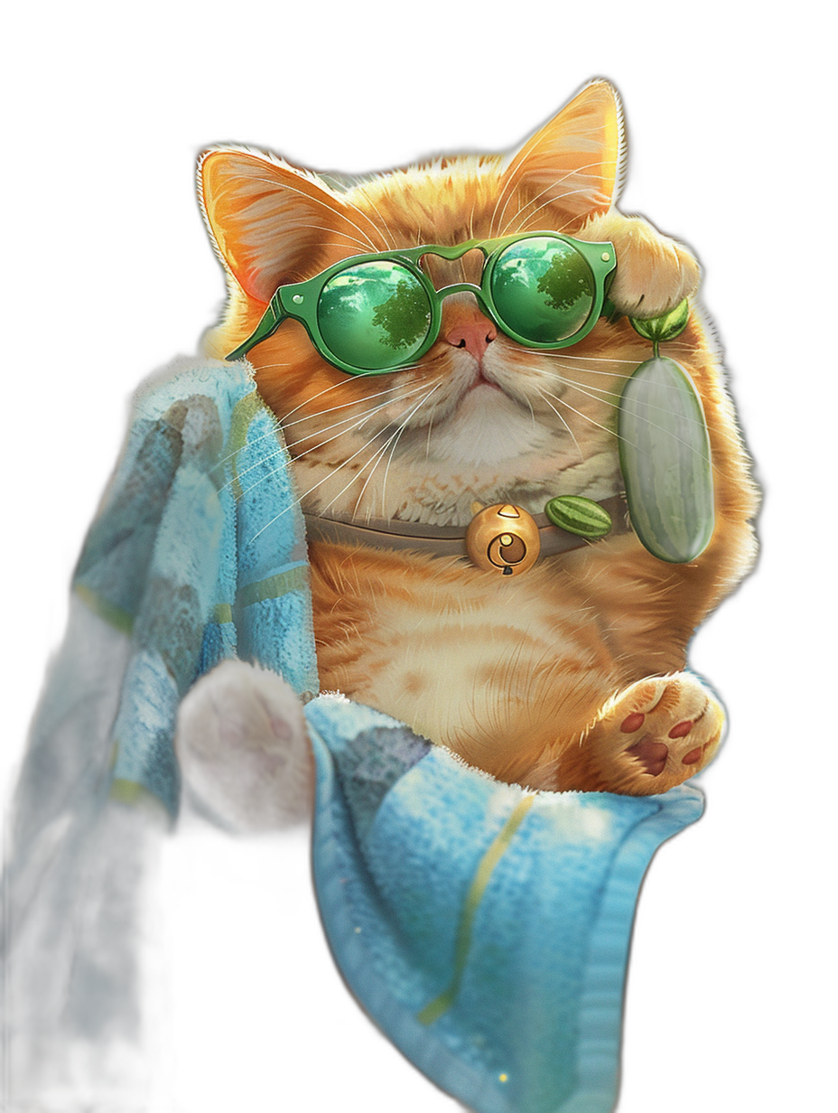 digital art of cute fat orange cat , wear sunglasses with Cucumber on eye, holding towel for using as sun screen at beach , black background , painting style