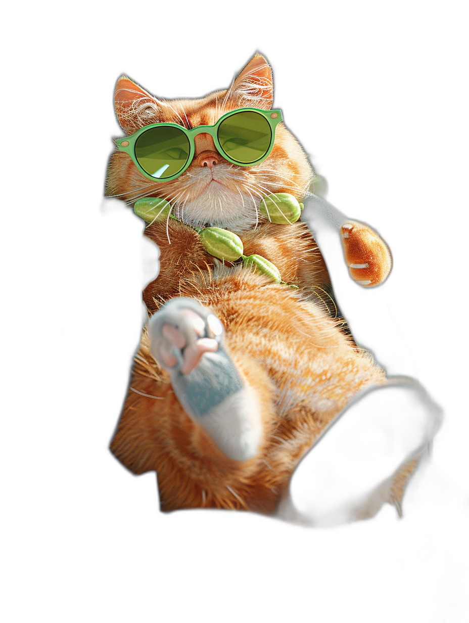 orange cat with green sunglasses and feet up on black background, full body, funny, photorealistic, high resolution