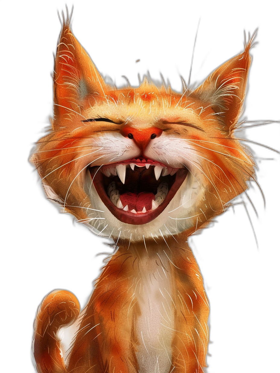 Illustration of an orange cat laughing with teeth showing, in the digital art style, black background, cute and funny.