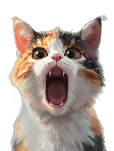 a cute calico cat, open mouth, front view, digital art style, painting illustration, black background