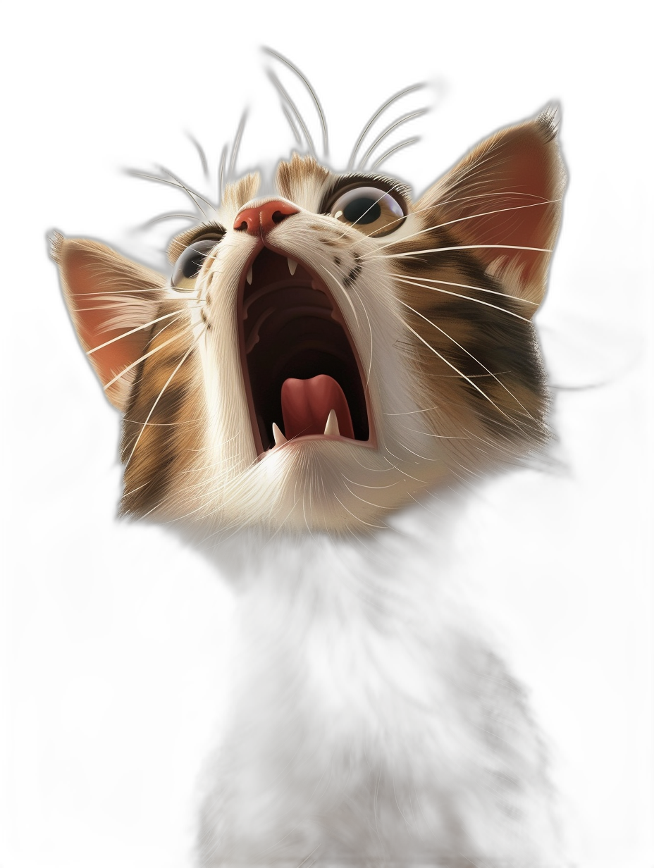 digital art of cute kitten , open mouth and yawn, black background, digital painting, cinematic light