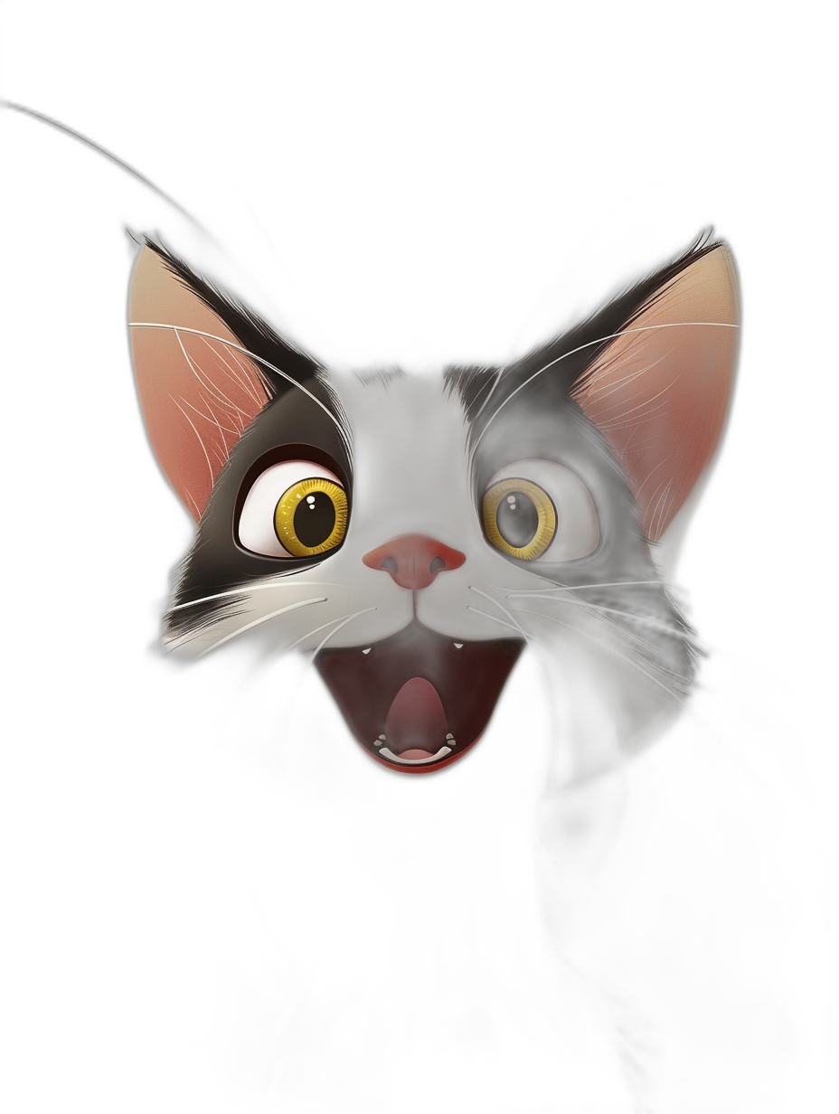 front view of a surprised and happy cat head in the dark, in the style of Disney cartoons