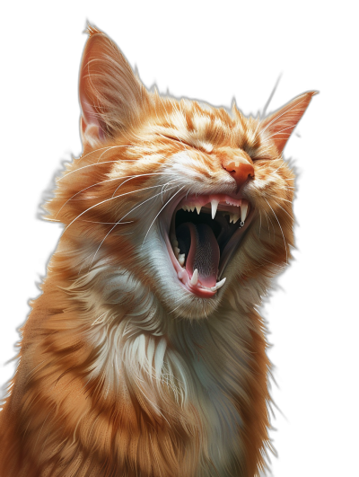 realistic digital illustration of an orange cat laughing, mouth open and sharp teeth showing, isolated on black background, full body portrait, detailed, fantasy art style