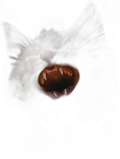 A cat's mouth is open, showing sharp teeth against a dark background in the style of digital art. The image is high resolution.