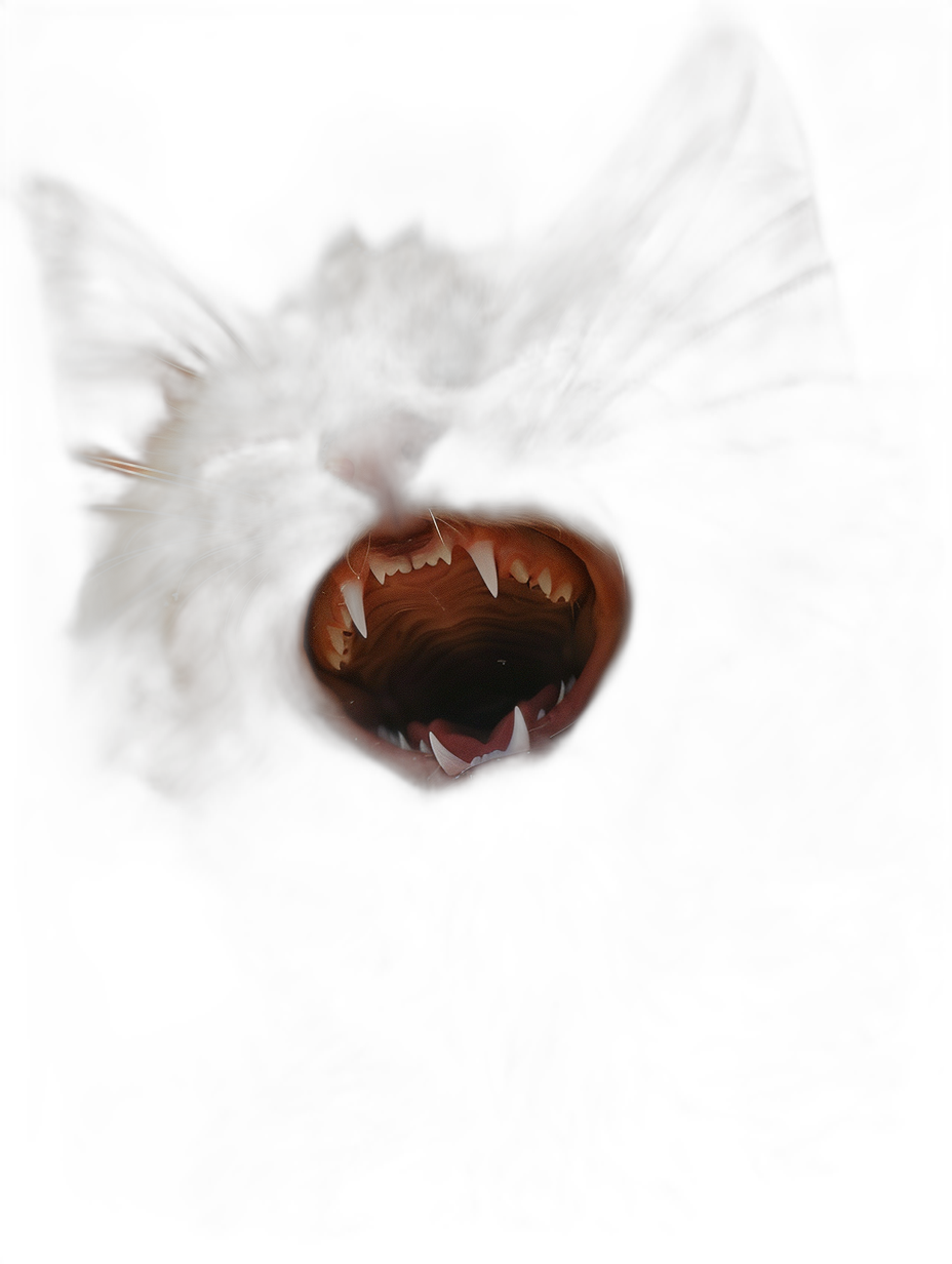 A cat’s mouth is open, showing sharp teeth against a dark background in the style of digital art. The image is high resolution.