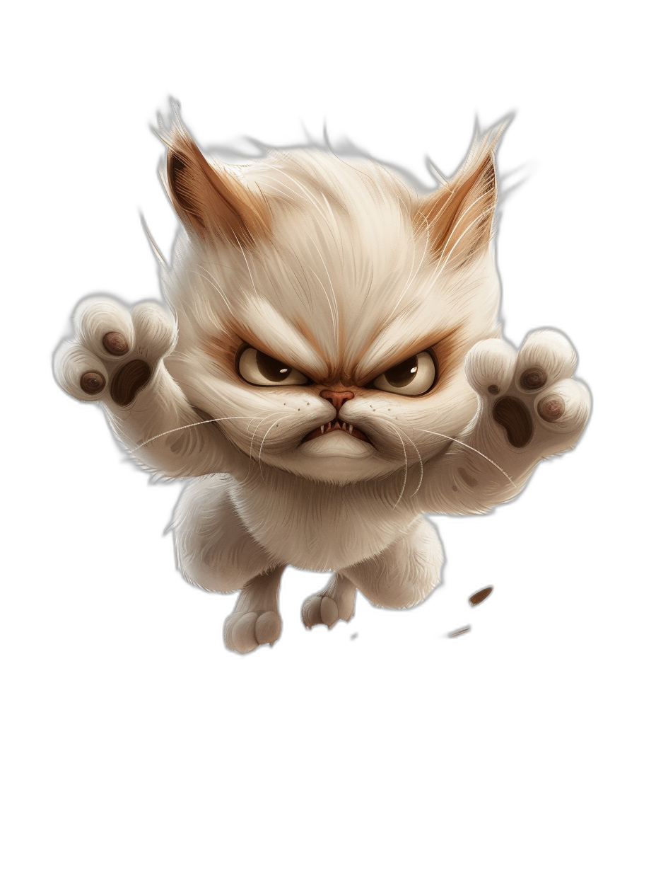 funny cartoon illustration of an angry white cat jumping against a black background, cute and adorable epic digital art in the style of [Artgerm](https://goo.gl/search?artist%20Artgerm) and [Greg Rutkowski](https://goo.gl/search?artist%20Greg%20Rutkowski) and [Alphonse Mucha](https://goo.gl/search?artist%20Alphonse%20Mucha)