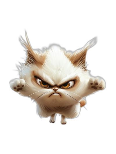 grumpy cat cartoon character flying, isolated on a black background, in the style of a caricature.