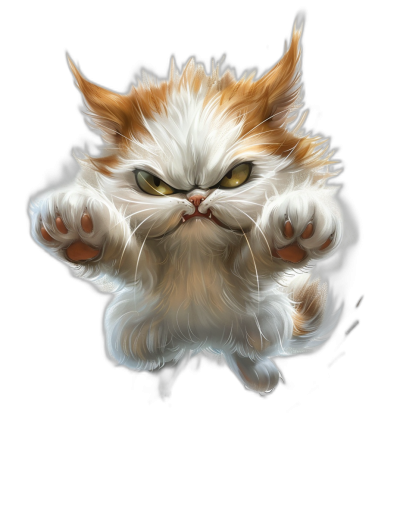 realistic cartoon illustration of an angry white and orange cat jumping in the air with its paws outstretched on a black background, a full body portrait with detailed fur texture and a cute character design in the style of concept art that could be used for a game cover, done as a digital painting at a high resolution