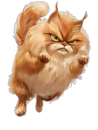 chubby persian cat, jumping up and down, angry expression, vector art style, isolated on black background, full body shot, high detail, cel shading, digital painting, concept art in the style of [Artgerm](https://goo.gl/search?artist%20Artgerm), in the style of [Greg Rutkowski](https://goo.gl/search?artist%20Greg%20Rutkowski), in the style of [Studio Ghibli](https://goo.gl/search?artist%20Studio%20Ghibli)