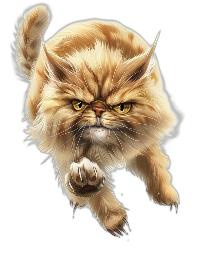 a persian cat jumping towards the viewer, angry expression on face, black background, fantasy art style illustration