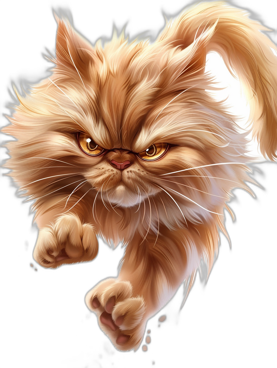 Persian cat with fluffy brown fur, jumping into an attack pose with angry eyes, full body portrait in the style of anime, cartoon art style, high resolution digital painting with smooth texture and high contrast details against a solid black background.