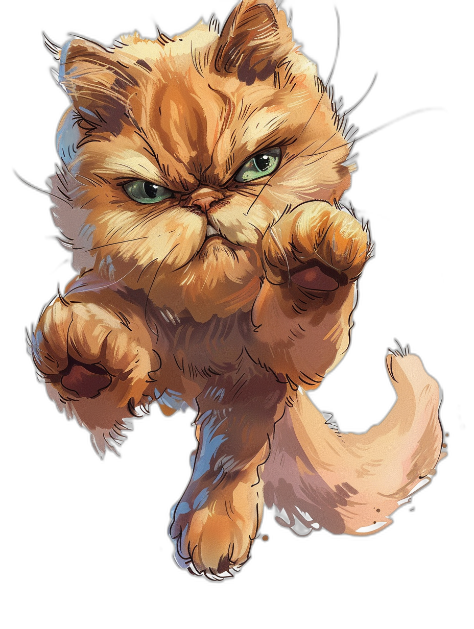 Illustration of an angry Persian cat jumping towards the viewer, full body, in the style of anime, high resolution on a black background, portrait, detailed, cute