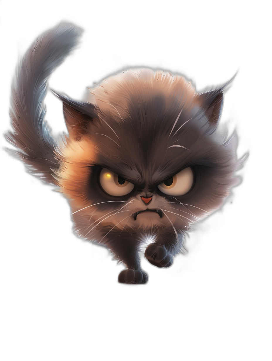 funny cartoon illustration of an angry cat on a black background in a cute, chibi style digital art in the style of Disney and Pixar, trending on Artstation, with soft lighting, a glowing rim light, a dark background, rendered with octane, cinematic