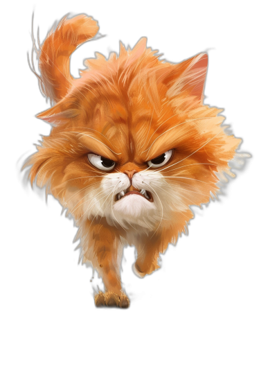 orange persian cat with white fur, snooty cartoon caricature, angry running towards the viewer, close up head and shoulders on black background, digital art in the style of [Artgerm](https://goo.gl/search?artist%20Artgerm), full body action shot