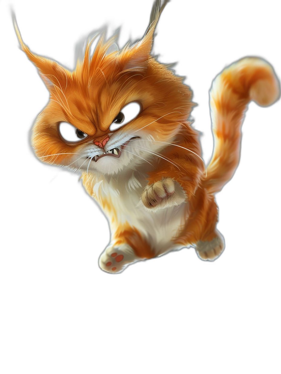 A cute orange cat, jumping in the air with its tail raised high and fluffy hair, an angry expression, in the style of cartoon, on a black background, as a full body shot, with a game art design, concept art, digital painting, 3D rendering.