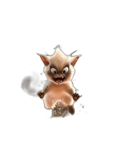 A cute cartoon cat monster is jumping with glowing white eyes against a black background. The style is cute yet scary with fluffy fur texture and a simple full body portrait design. Movie lighting effects are used along with cartoon character expressions and poses rendered in 3D at a high definition.