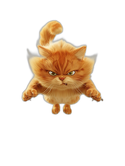 Cute orange cat flying in the air, angry expression, cartoon style, black background, full body shot, 3D rendering, high definition