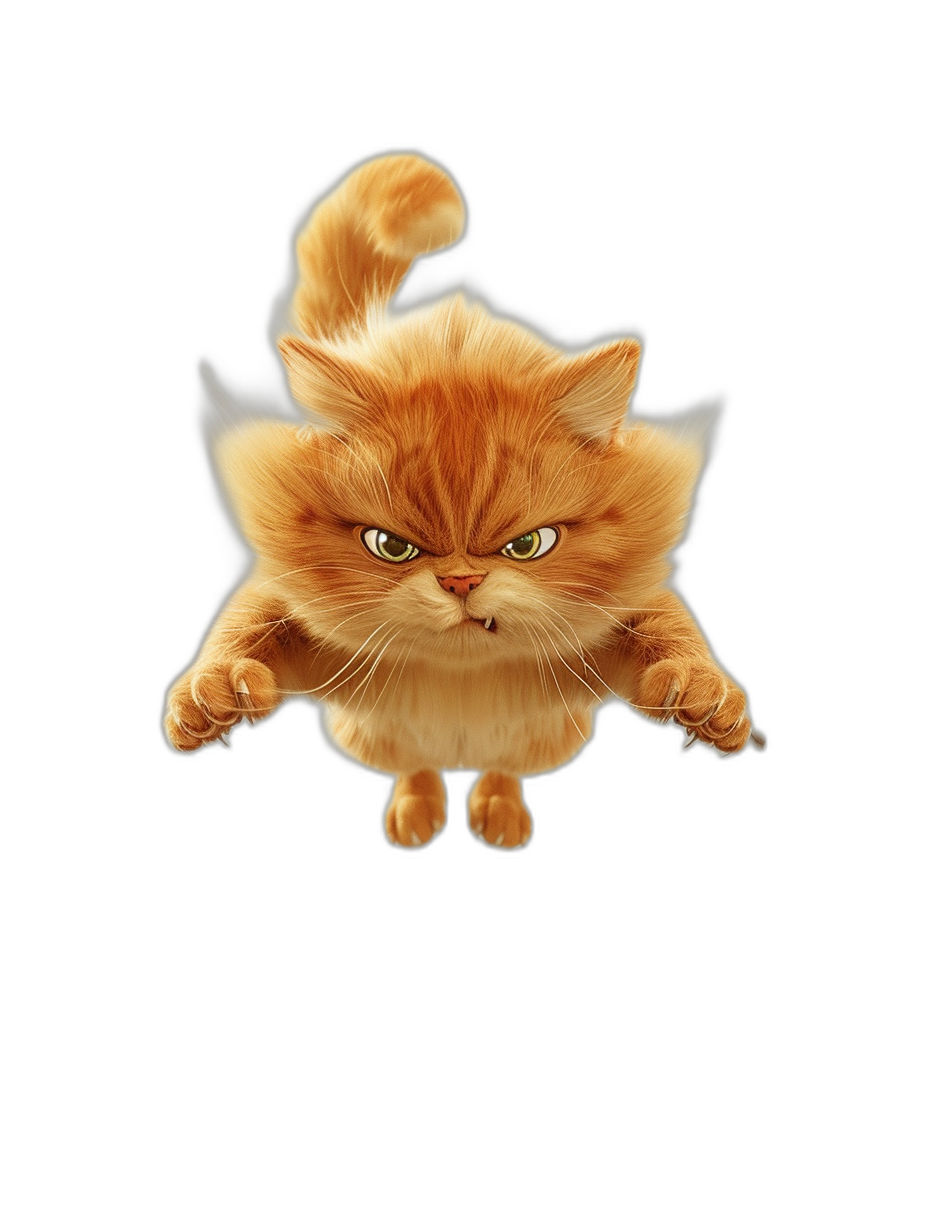 Cute orange cat flying in the air, angry expression, cartoon style, black background, full body shot, 3D rendering, high definition