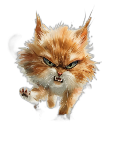 A cartoon illustration of an angry orange cat running towards the viewer, black background, in the style of hyper realistic game item, in the style of rpg art style, digital painting