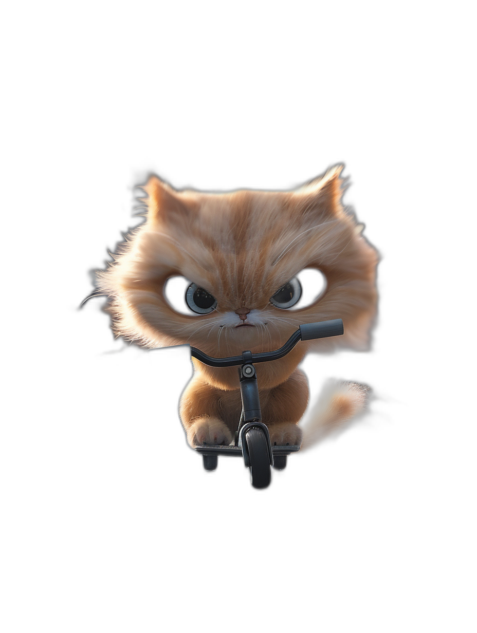 Cute fluffy cat riding scooter, big eyes, cartoon style, black background, 3D render, octane rendering, in the style of Pixar studio.