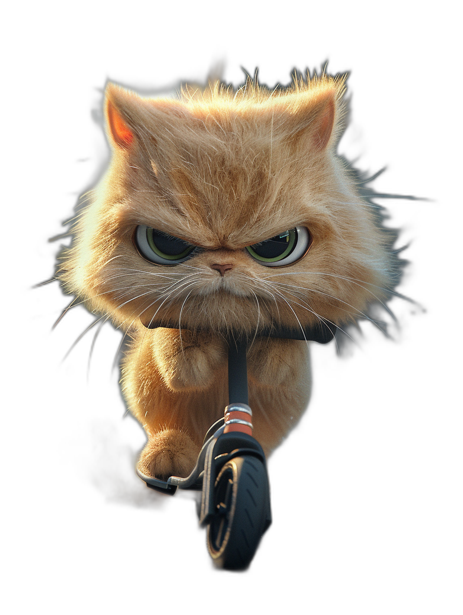 front view of a cute persian cat with an angry face on a scooter, black background, in the style of cartoon, in the style of Pixar animation, cinematic lighting, hyper realistic