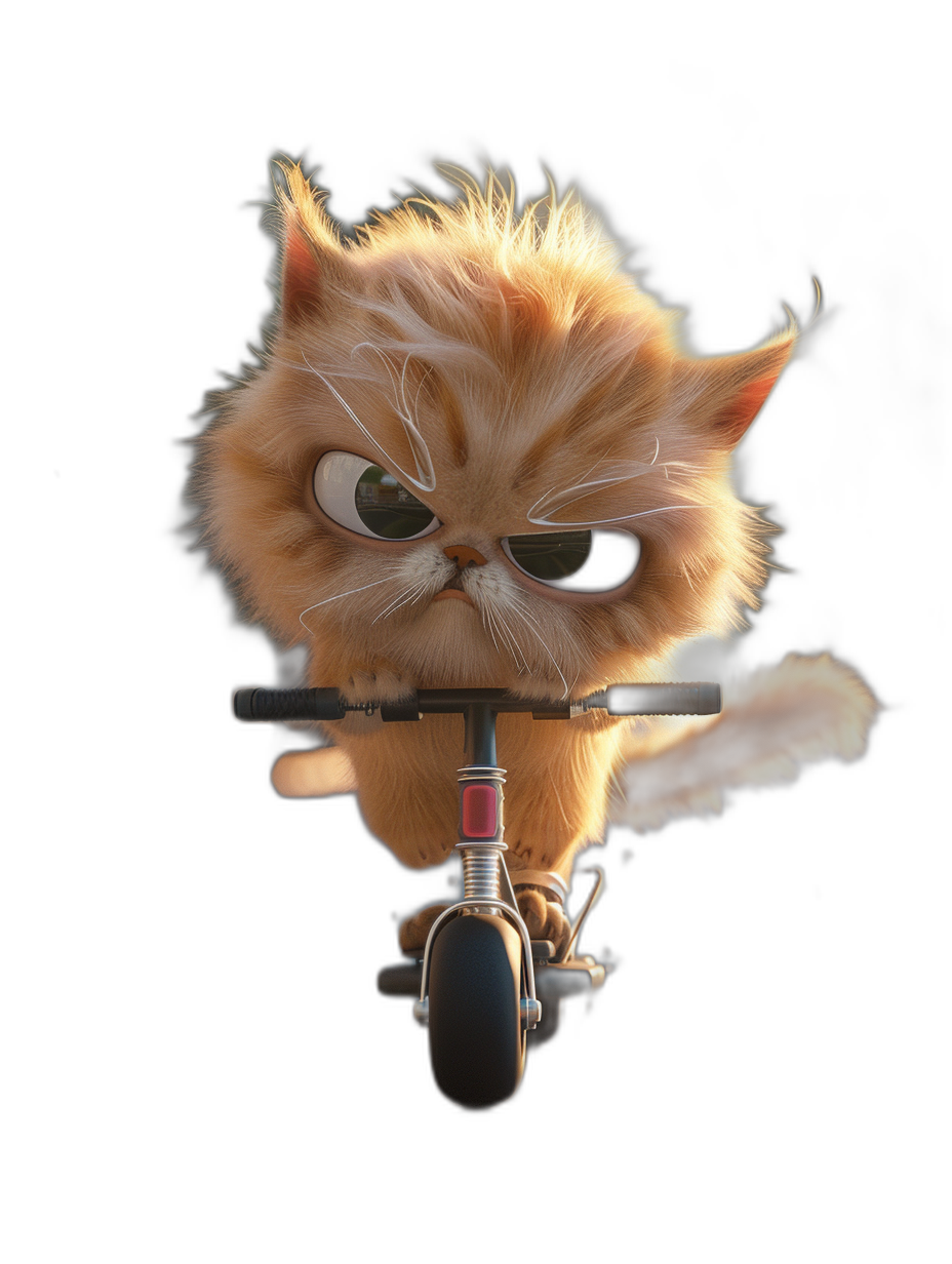 A cute Persian cat with an angry face is riding a scooter against a black background in the style of Pixar. It is a cartoon character rendered in C4D at a high resolution.