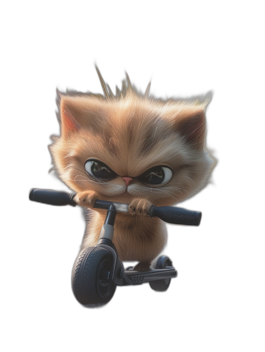 Cute fluffy fur kitten riding an electric scooter with an angry face on a black background, in the style of Pixar, in the style of Disney, 3D rendering, cartoon character design, 2D animation, soft light, cute pet portrait, cute pet wallpaper, cute little cat on the front of an e-scooter looking at the camera with its eyes.