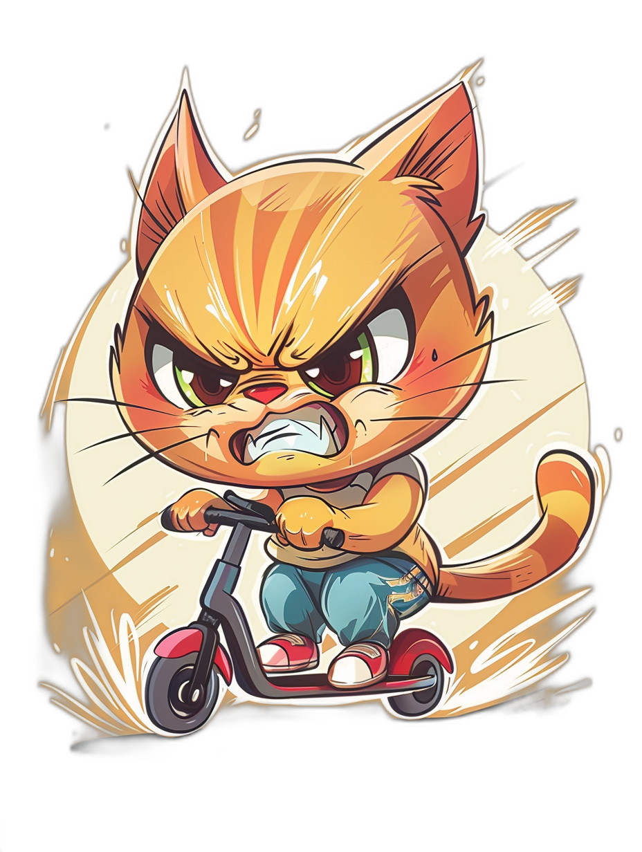 t-shirt design, angry cartoon cat riding scooter with a black background, chibi style