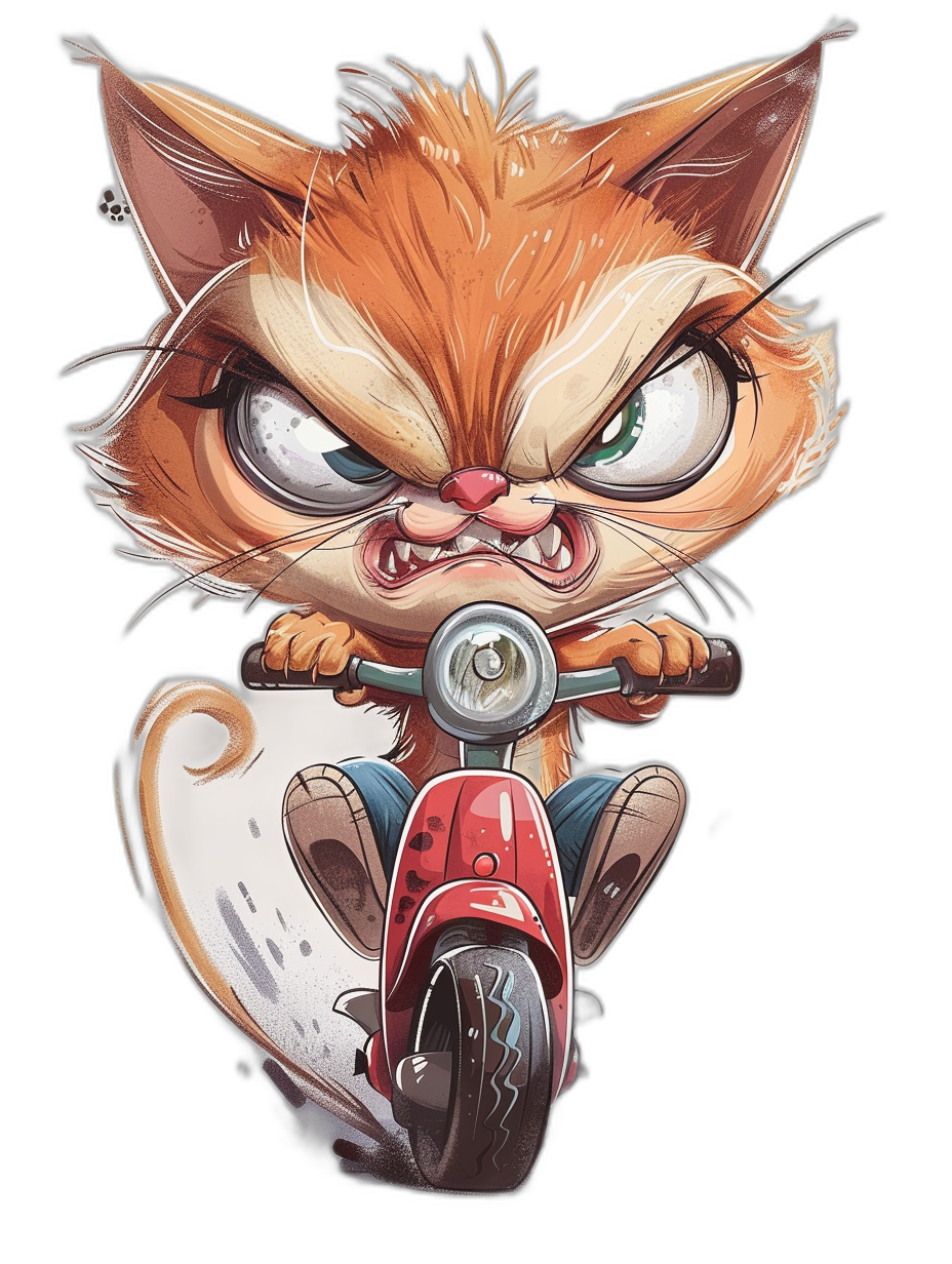 t-shirt design, angry cartoon cat riding on scooter, black background, detailed drawing, cute, grumpy expression, pixar style