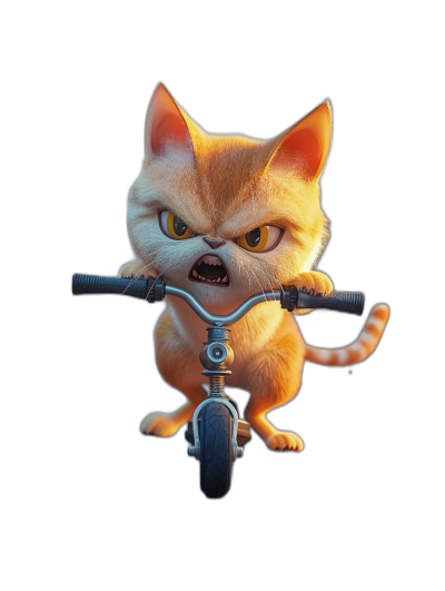 Cute cat riding a scooter with an angry expression in the style of a cartoon on a black background, 3D rendered with a cute character design in a front view at high resolution and with high detail in the style of Pixar and Disney animation studios.