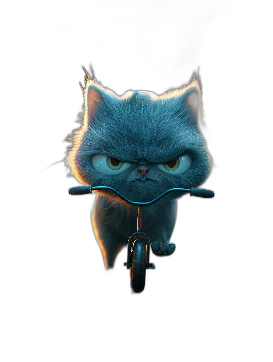 Cute blue cat riding bike, angry expression, in the style of Pixar, dark background, high quality definition