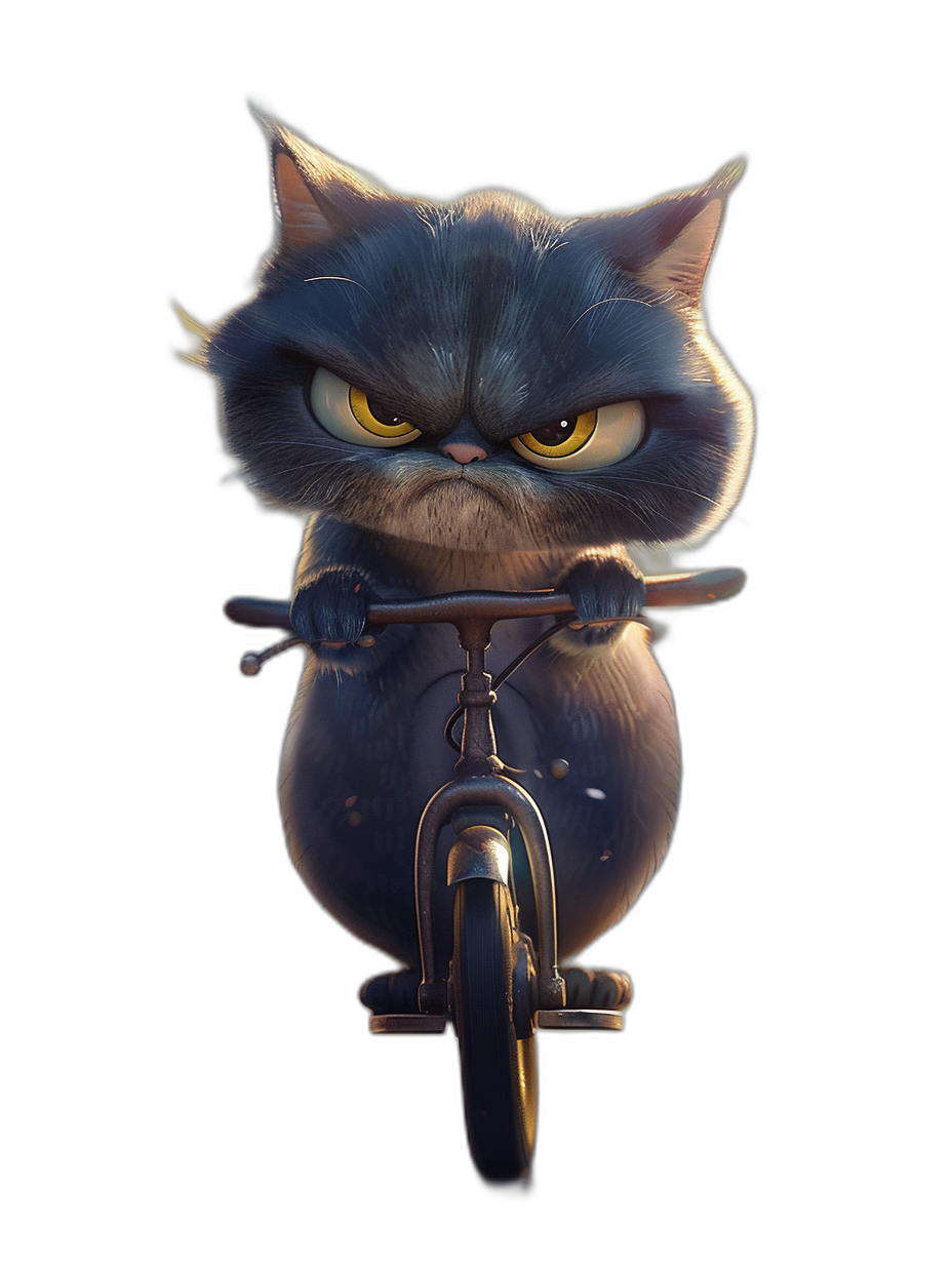 Cute cat character on bike with angry face, in the Pixar style, on a black background, high resolution digital art in the style of [Artgerm](https://goo.gl/search?artist%20Artgerm) and [Greg Rutkowski](https://goo.gl/search?artist%20Greg%20Rutkowski) and [WLOP](https://goo.gl/search?artist%20WLOP) and [Studio Ghibli](https://goo.gl/search?artist%20Studio%20Ghibli).