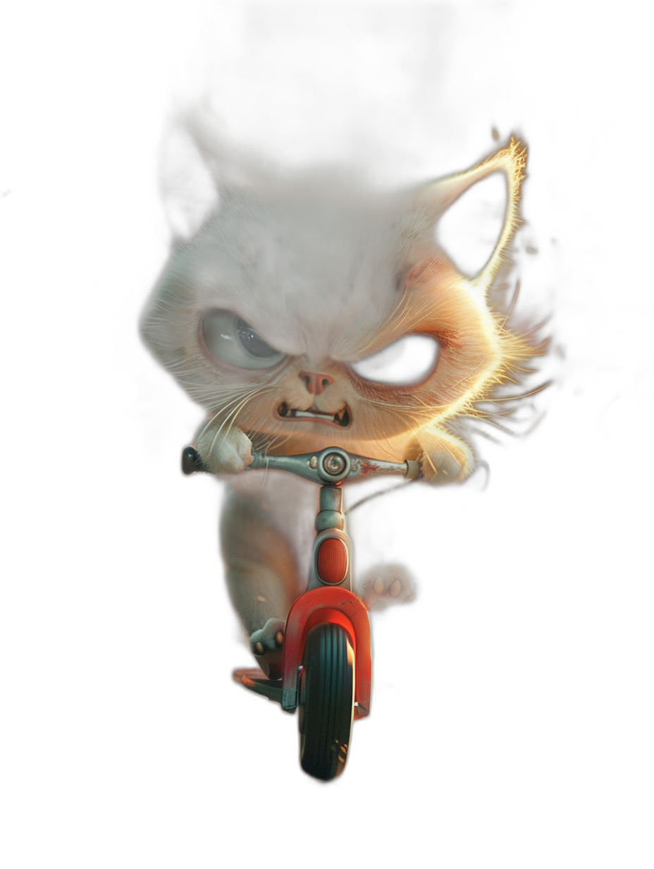 grumpy cat riding on a scooter, in a cartoon style, on a black background, with a hyper realistic look, using octane render, with studio lighting, in 3d